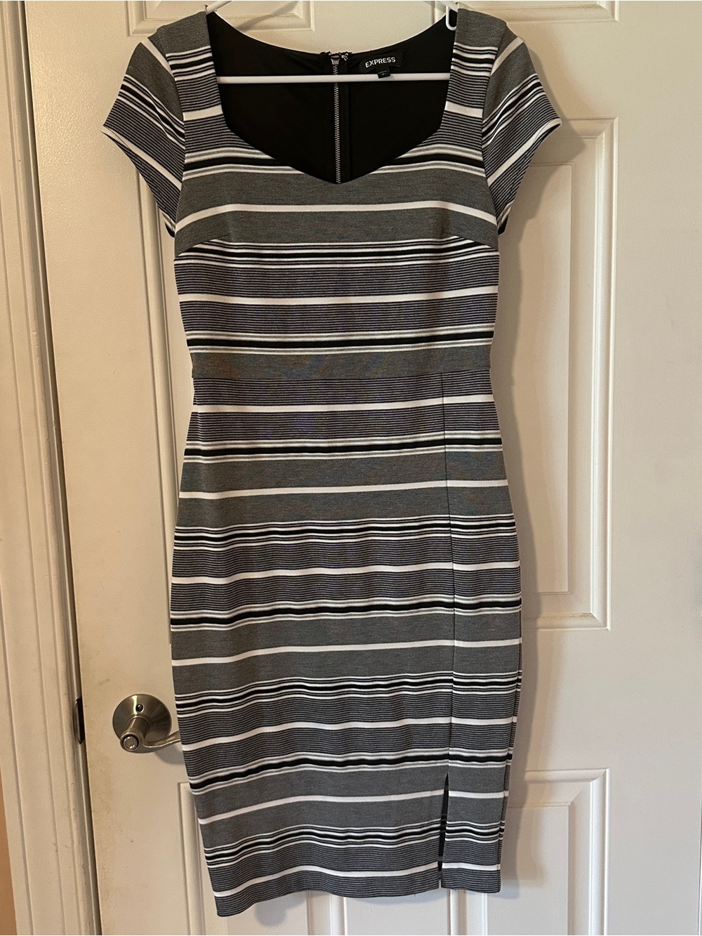 Express Grey and White Striped Midi Sheath Dress